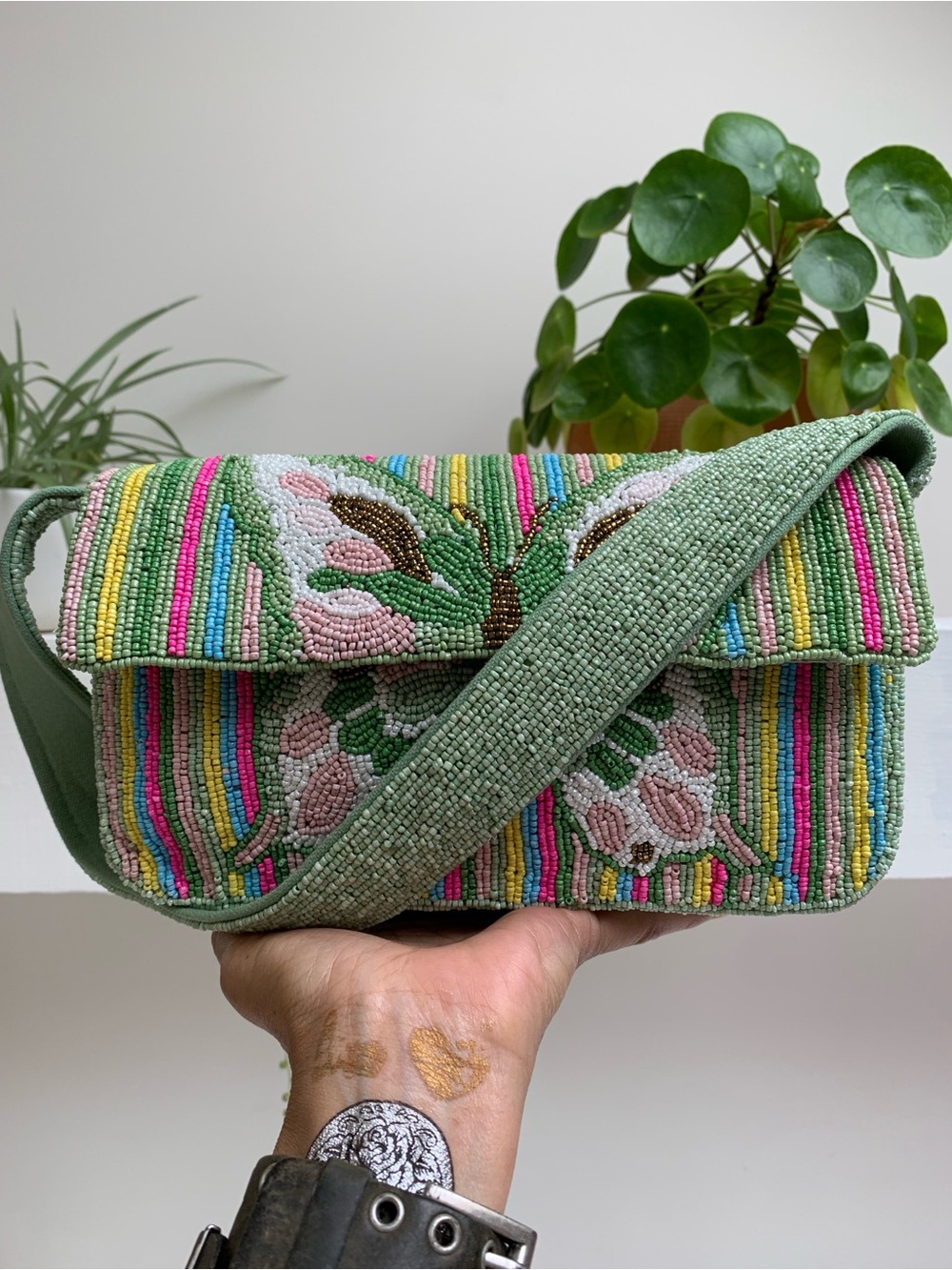 SOLD🪷Butterfly Beaded Bag Pink and Green Purse Shoulder Bag Pastel Fairycore